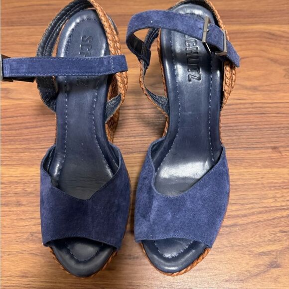 Schultz Poppi Navy Suede Leather Rattan Wedge Ankle Strap Sandal. Size 6B. - Picture 3 of 7